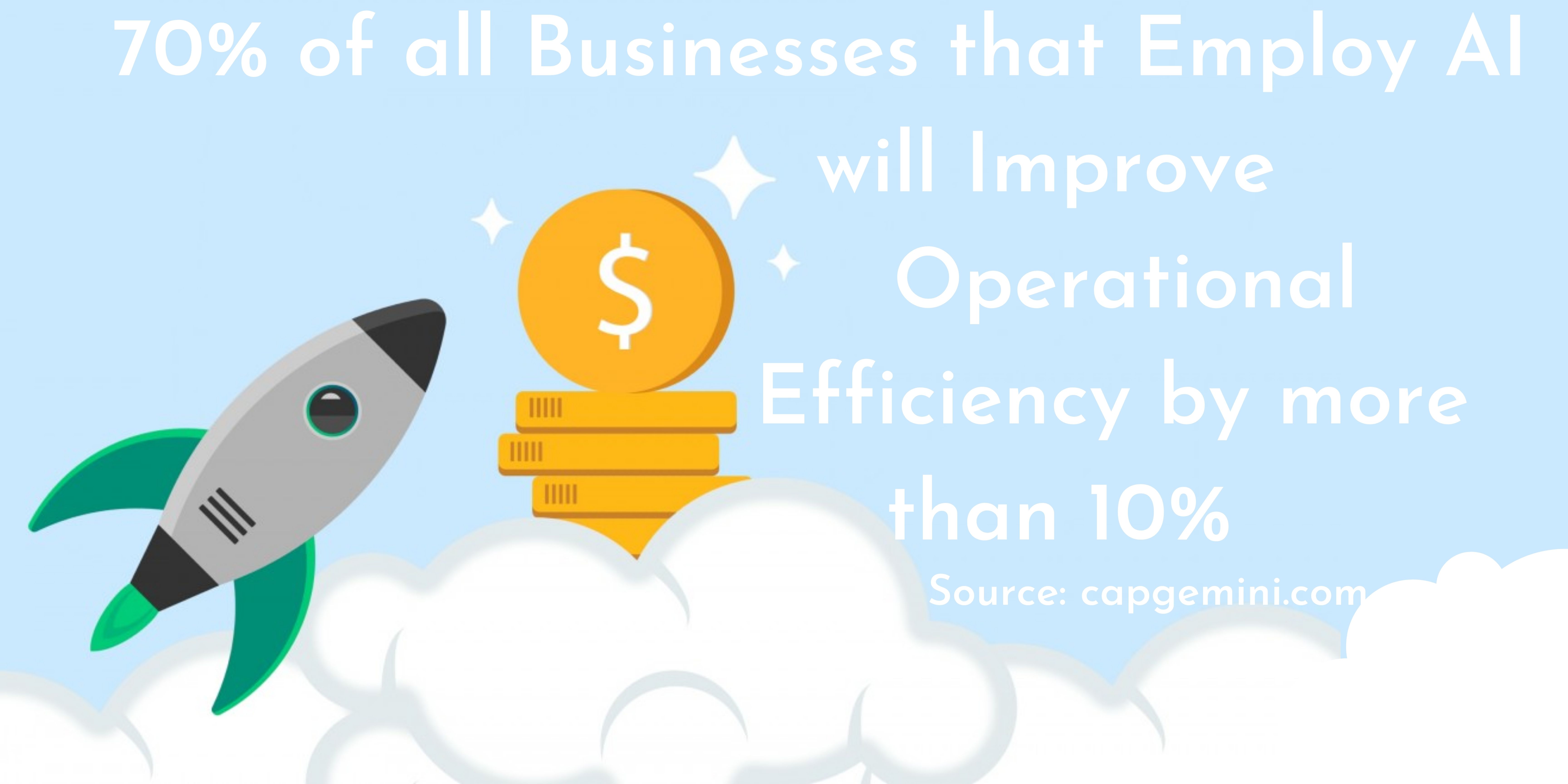 Image banner that states that 70% of all businesses that employ AI have improved operational efficiency by more than 10%, with a vector image of a rocket shooting to the clouds, indicating business growth